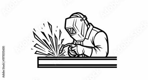 Welder wearing mask and gloves, using a torch to join metal beams