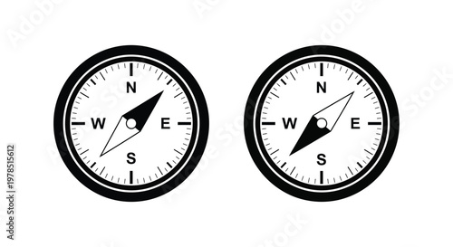 Two black and white compasses are displayed both pointing towards the northeast direction on a white background