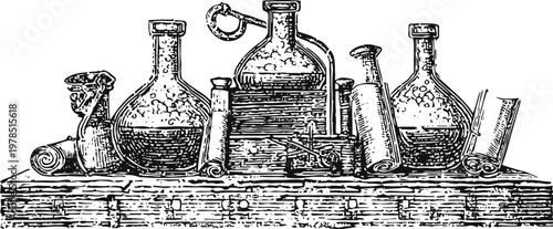 Vintage alchemy laboratory bottles and scrolls on wooden shelf hand drawn illustration