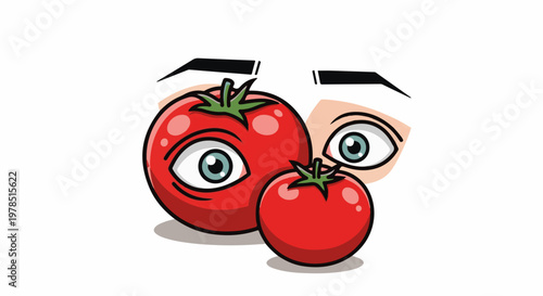 Whimsical cartoon tomatoes with wide, surprised eyes and prominent eyebrows