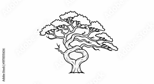 Whimsical, gnarled tree with a distinctive twisted trunk and sparse foliage