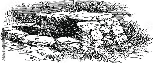 Ancient stone well surrounded by grass and small rocks, rustic historical water source illustration