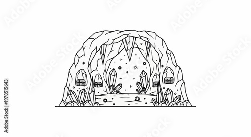 Whimsical cave interior with glowing crystals, treasure chests, and starry accents