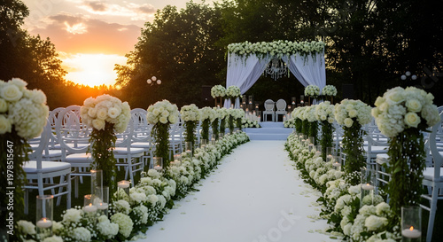 Elegant Outdoor Wedding Ceremony at Sunset with White Floral Aisle and Luxury Decor – Romantic Garden Setup