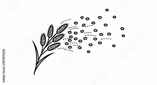 Whimsical line art of wheat stalks scattering seeds in a breeze