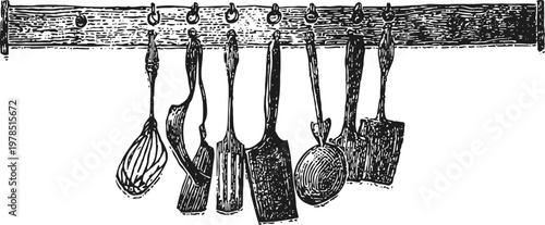 Vintage kitchen utensils hanging on rack wooden and metal cooking tools in retro