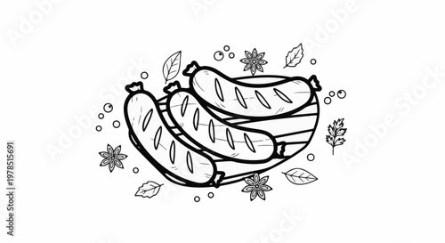 Whimsical line drawing of grilled sausages on a platter with spices and leaves