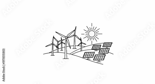 Wind turbines and solar panels under a bright sun on a rolling landscape
