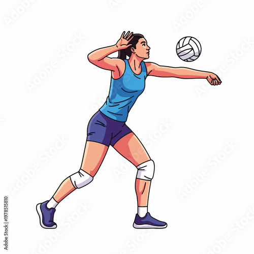 Illustration of a female volleyball player in motion, preparing to hit a volleyball with a dynamic pose and focused expression against a clean white background.