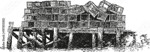 Wooden pier stacked with fishing crates, coastal dock structure with rustic timber and maritime equipment