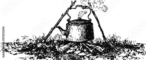 Vintage illustration of a kettle hanging over an open campfire with sticks and flames