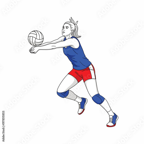 A female volleyball player in action, poised to serve a ball with her arms outstretched and legs bent in a dynamic stance against a clean white background.
