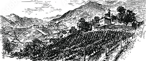 Rustic vineyard landscape with farmhouse on hill, mountain backdrop, and cultivated grapevines in countryside