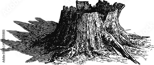 Old tree stump with rough bark texture and detailed wood grain engraving illustration