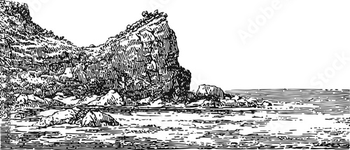 rocky coastline with detailed cliff and calm sea, black and white pen sketch landscape