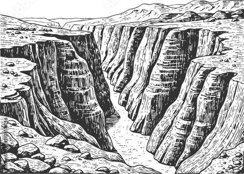 deep canyon with steep rocky cliffs and rugged terrain in black and white sketch