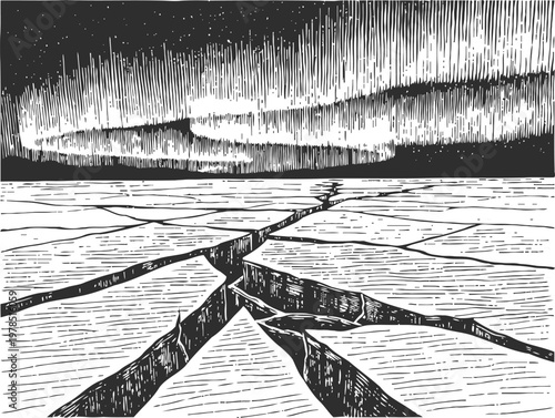 Cracked dry earth landscape with deep fissures under night sky and northern lights