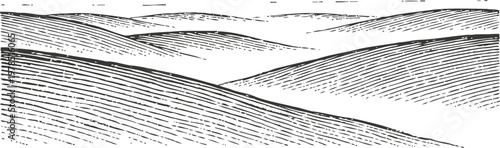 Vintage engraved illustration of rolling hills landscape with textured lines and patterns