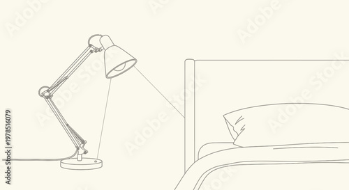 A minimalist line drawing depicts an adjustable desk lamp illuminating a corner of a bed