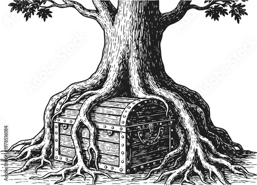Ancient tree with large roots growing around a locked treasure chest buried underground