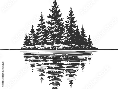 Coniferous forest island with reflection on calm water surface in minimalistic monochrome