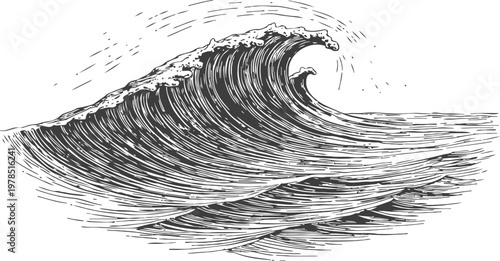 Ocean wave cresting with detailed line art, stylized sea water motion illustration