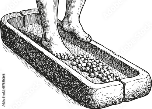 foot massage with acupressure stones on wooden base traditional reflexology therapy, wellness and relaxation treatment