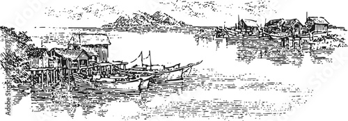 Vintage seaside village with boats docked at wooden pier, calm water and mountainous background