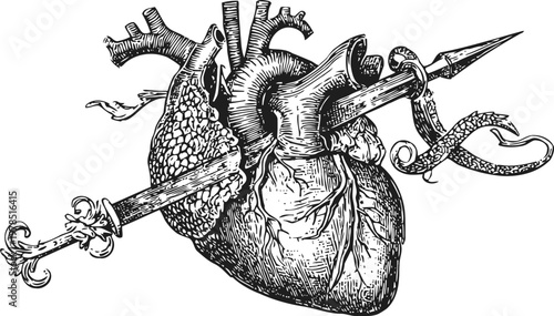 Anatomical human heart pierced by sword with snake entwined around blade detailed vintage illustration