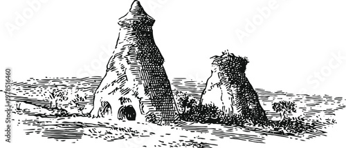 traditional beehive houses sketch rural huts with conical roofs, historical architecture illustration in countryside setting