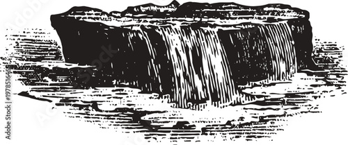 vintage illustration of a wide waterfall flowing over a rocky ledge with cascading water and textured water surface