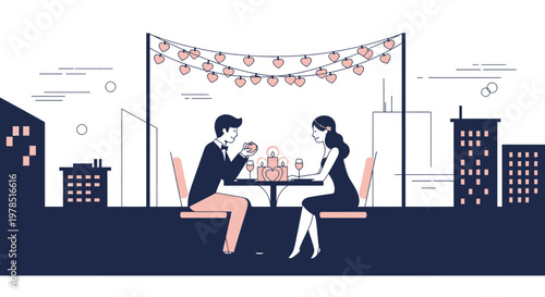 Romantic Couple Dinner Date Rooftop, Cityscape Night, Heart Lights
