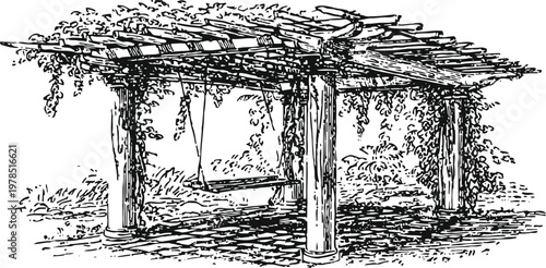 Vintage pergola with hanging swing wooden trellis structure entwined with climbing plants