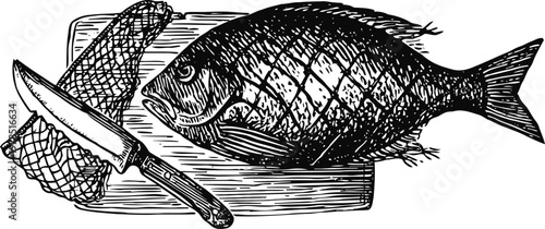 Fresh whole fish on a cutting board with knife and fishing net, detailed vintage illustration