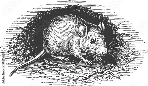 Black and white detailed illustration of a rat, rodent animal in natural burrow habitat