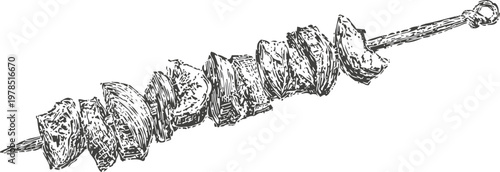 Grilled meat and vegetable skewer on metal stick, barbecue food illustration
