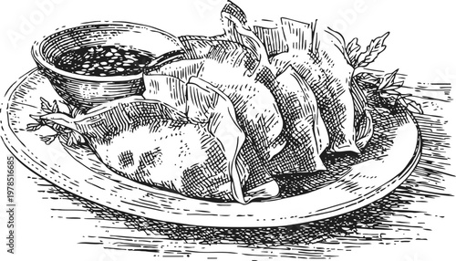 Hand drawn illustration of crispy fried spring rolls served with dipping sauce on a plate