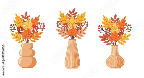 Three autumn arrangements displayed in ceramic vases with vibrant fall foliage and berries