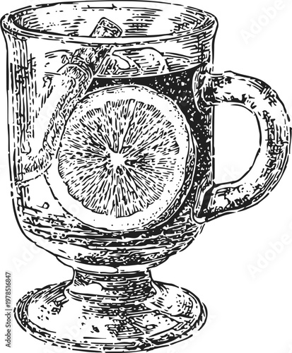 Hot beverage with lemon slice and cinnamon stick in glass cup herbal drink illustration, warm refreshment concept