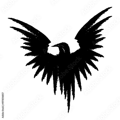 Black raven silhouette with spread wings. Vector illustration of a crow isolated on white background.