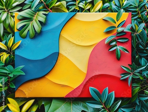 A vibrant abstract art piece surrounded by lush green leaves and foliage