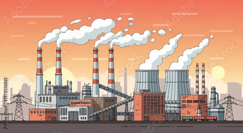 Industrial Power Plant Emitting Smoke and Pollution into the Atmosphere.