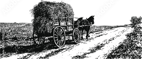 Horse drawn cart carrying hay on rural dirt road in countryside landscape black and white vintage engraving