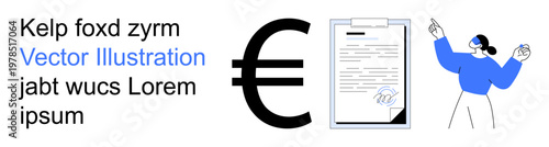 Economy, business agreements, legal documents, financial management, European currency, corporate transactions. Displays euro symbol, signed paper and abstract person pointing. Economy and business