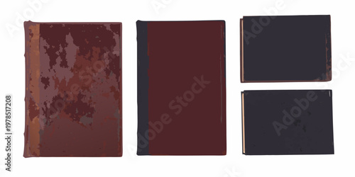 A collection of old worn books displayed in various shades of red and black