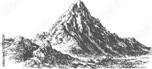 detailed black and white mountain illustration with rugged peaks and natural texture