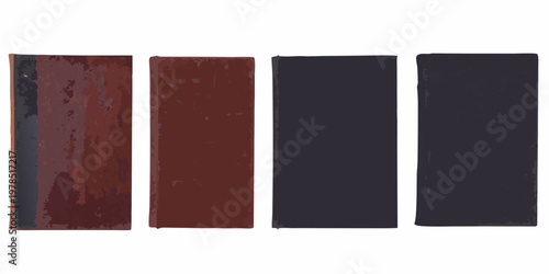 Four rectangular books with varying shades of red and dark blue