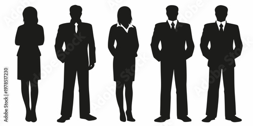 Silhouettes of five business professionals standing in a horizontal row