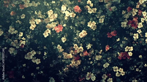 Dense floral display of mixed red and white blossoms against a blurred, dark green background