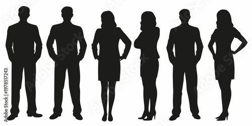 A row of six silhouetted people displaying varying postures and clothing